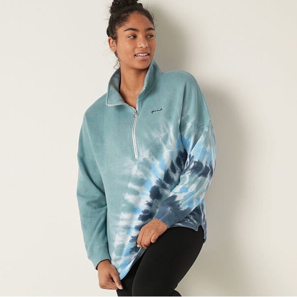 VICTORIAS SECRET PINK VARSITY HALF ZIP PULLOVER SWEATER JACKET TOP TIE DYE L